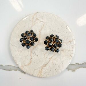 Vintage 1950’s 60’s Elegant Black Crystal Cluster Gold Tone Clip On Earrings